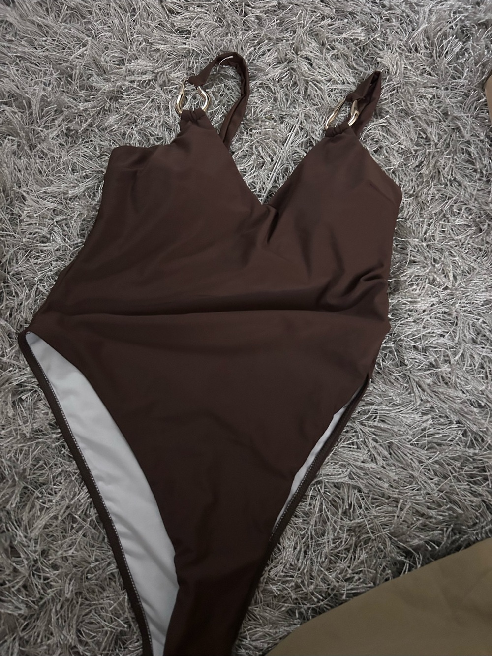 SHEIN Brown V-Neck One-Piece Swimsuit with Ring-Strap Detail